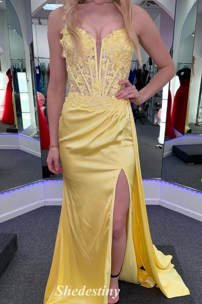 Yellow Sweetheart Mermaid Applique Slit Long Prom Dress