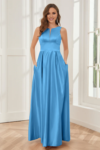 A-line sleeveless satin and floor length bridesmaid dress