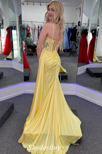 Yellow Sweetheart Mermaid Applique Slit Long Prom Dress