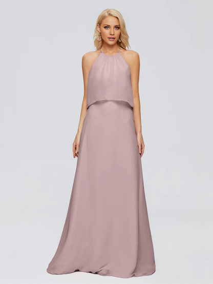 Post neck chiffon and floor length bridesmaid dress