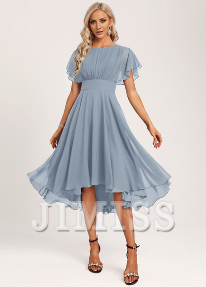 Ruffled A-line Spoon Asymmetric Chiffon Bridesmaids Dress