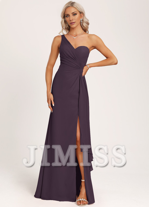 Ruffled A-line One Shoulder Floor Length Chiffon Bridesmaid Dress