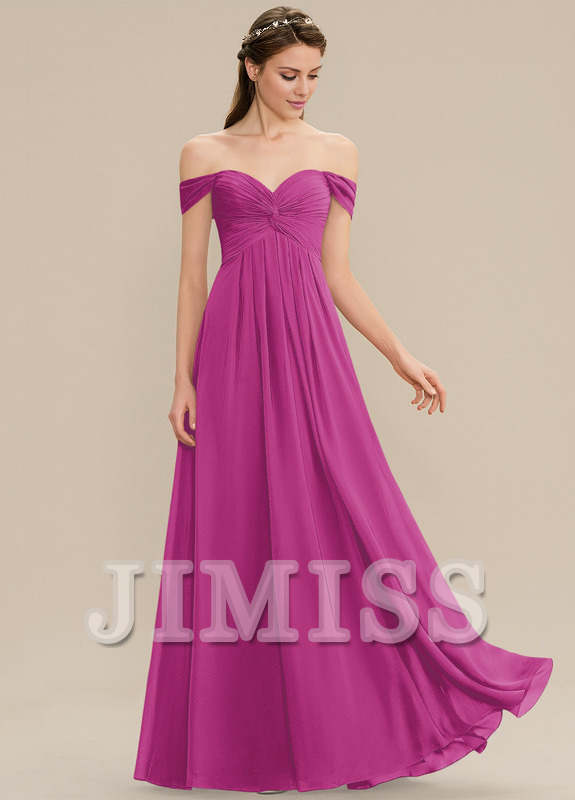 Ruffled A-line Off-the-shoulder Floor-length Chiffon Bridesmaids Dress