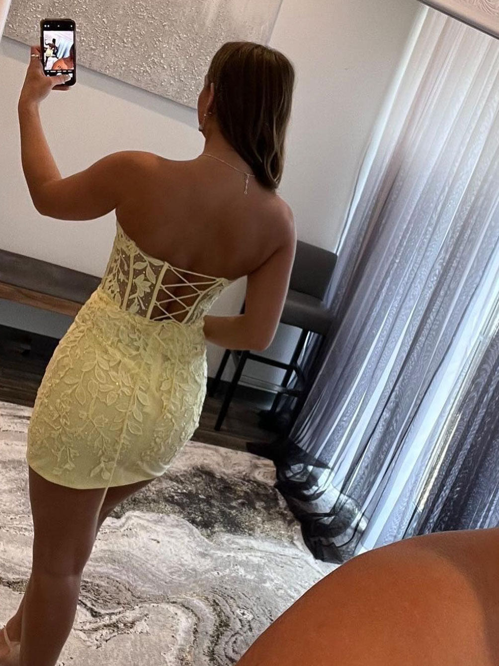 Yellow sweetheart neck tulle lace short prom dress, lace cocktail dress