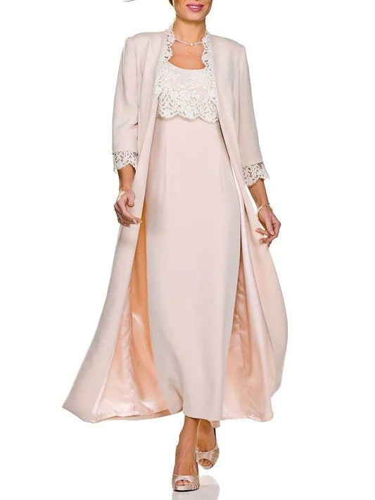 Two Piece Sheath / Column Mother of the Bride Dress Elegant Jewel Neck Ankle Length Lace Stretch Fabric Sleeveless with Appliques - RongMoon