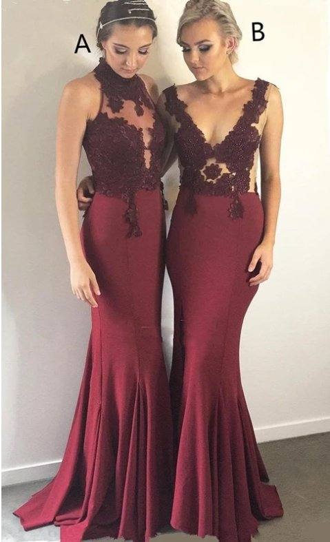 Burgundy Bridesmaid Dresses For Women Mermaid Halter Lace Beaded Long Cheap Under 50 Wedding Party Dresses - RongMoon