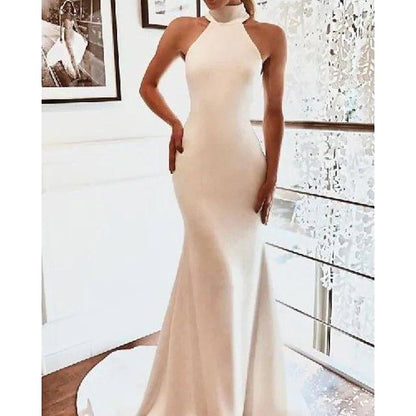 Mermaid / Trumpet Wedding Dresses Halter Neck Sweep / Brush Train Stretch Fabric Sleeveless Simple - RongMoon