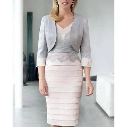 Two Piece Sheath / Column Mother of the Bride Dress Elegant V Neck Knee Length Lace Stretch Satin Half Sleeve with Appliques - RongMoon