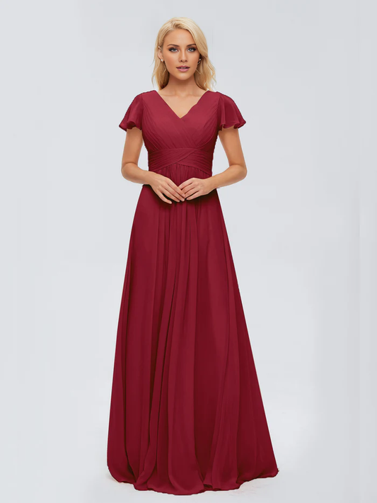 A-line V-neck chiffon side slit and floor length bridesmaid dress