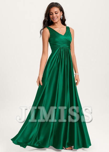 Ruffled A-line V-neck Floor-length Satin Bridesmaids Dress