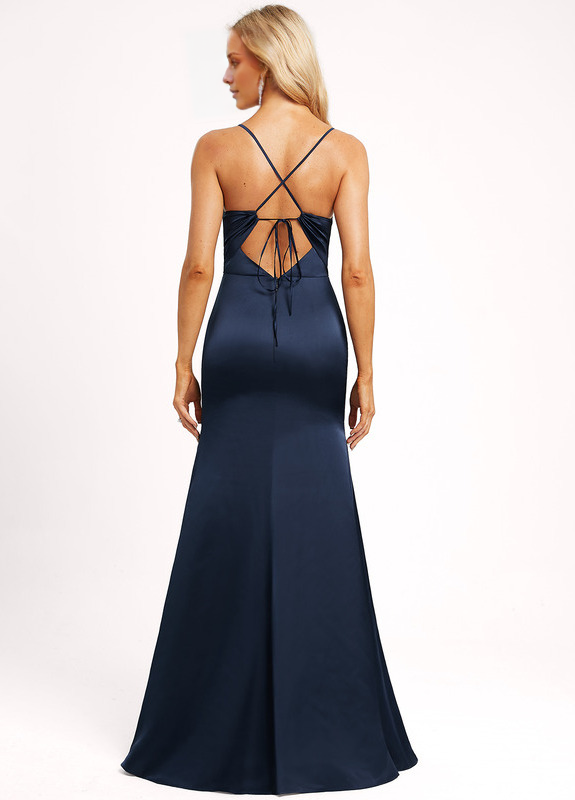 A-line V-neck floor-length satin bridesmaid dress