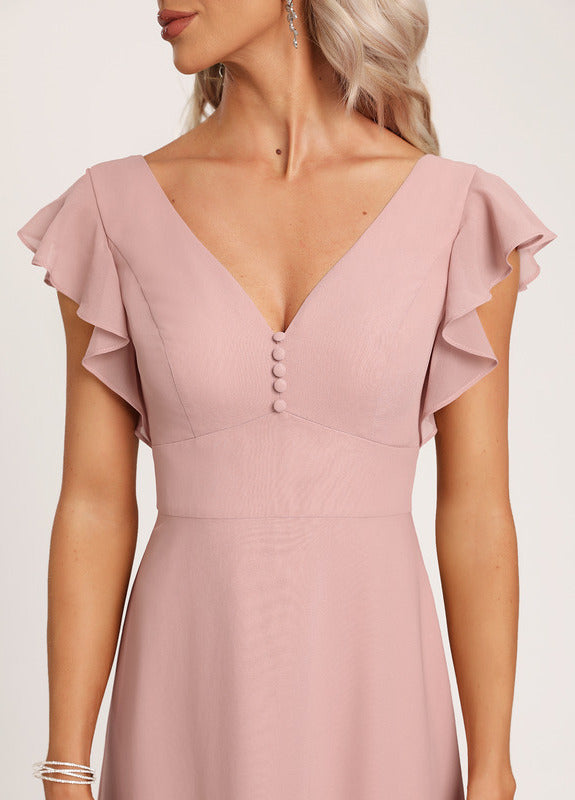 Ruffled A-line V-neck Floor-length Chiffon Bridesmaids Dress