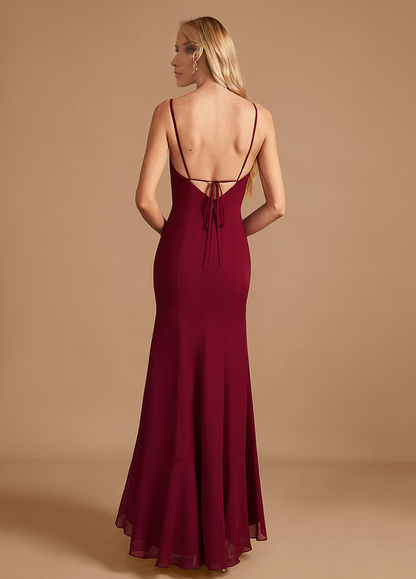 Trumpet Fishtail Square Floor Length Chiffon Ruffle Bridesmaid Dress