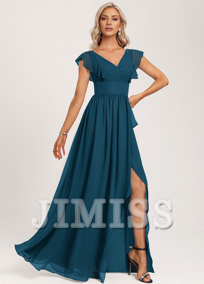 Ruffled A-line V-neck Floor-length Chiffon Bridesmaids Dress
