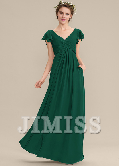 Tiered Ruffle A-Line V-Neck Floor-Length Chiffon Bridesmaids Dress