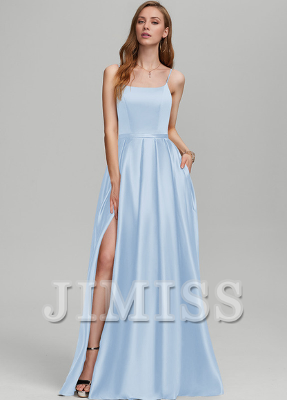 A-Line Square Floor Length Satin Bridesmaids Dress