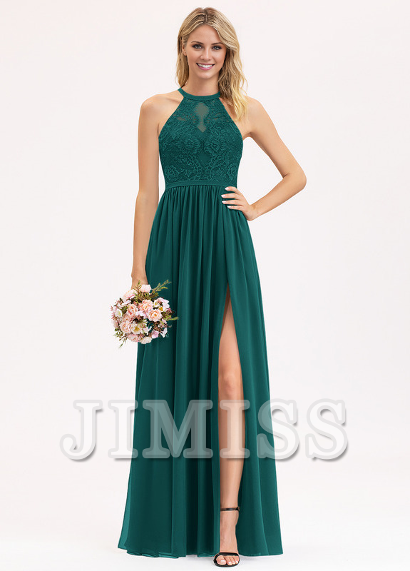 A-line Scoop Neck Floor Length Lace Chiffon Bridesmaids Dress