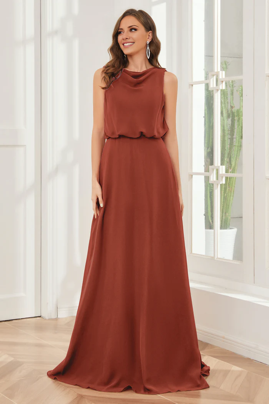 Pillar style wind neck sleeveless chiffon and floor length bridesmaid dress