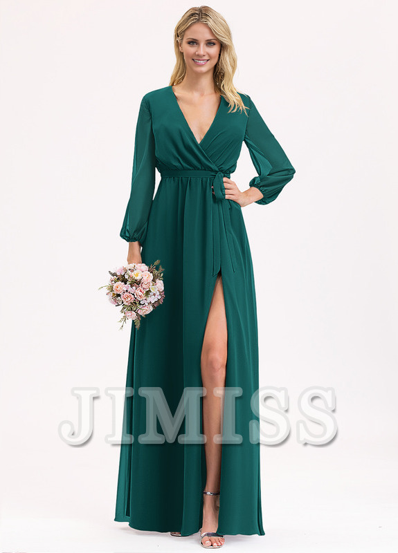 A-Line V-Neck Floor Length Chiffon Bow Pleated Bridesmaids Dress