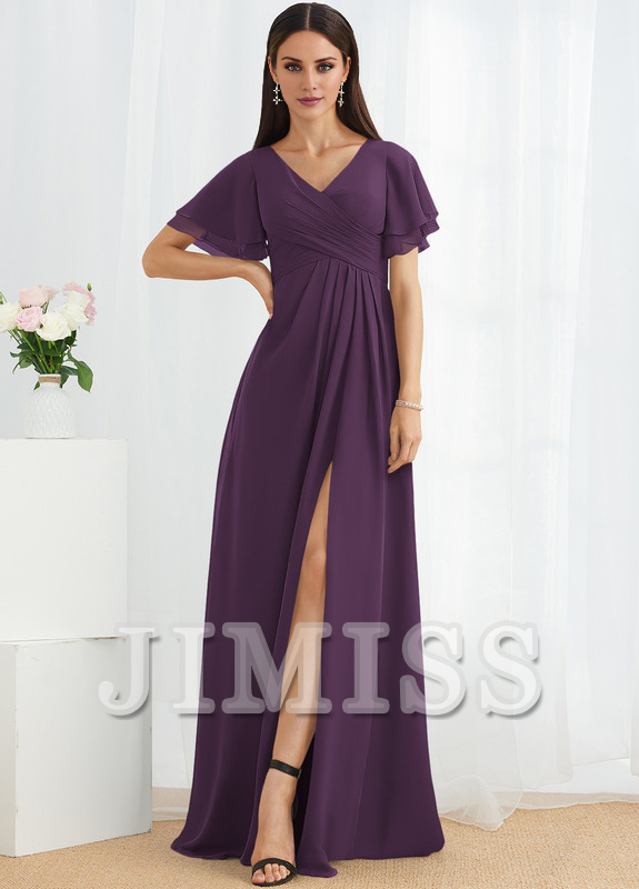 A-line V-neck floor-length chiffon bridesmaid dress
