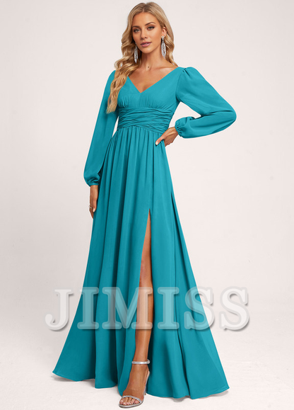 Ruffled A-line V-neck Floor-length Chiffon Bridesmaids Dress