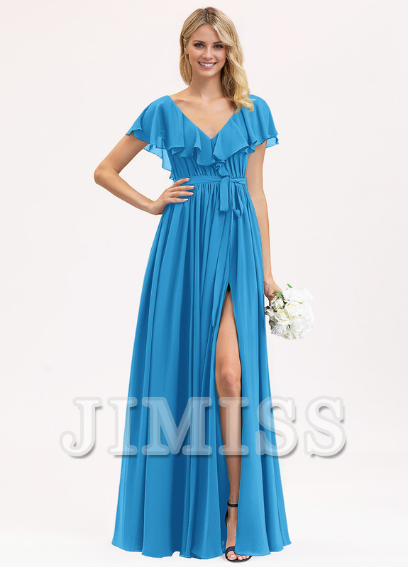 A-line V-neck floor-length chiffon bow tiered ruffle bridesmaid dress