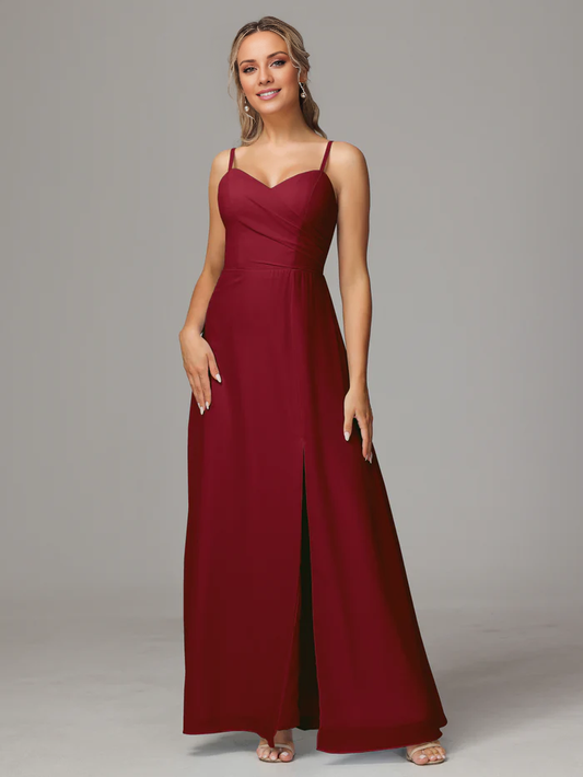 Thin shoulder strap sweetheart chiffon side slit bridesmaid dress