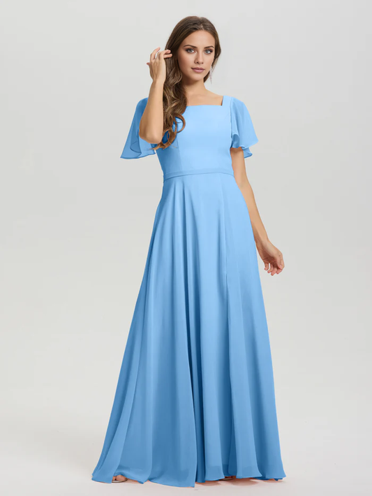 A-line square collar ruffled short sleeved and ground chiffon/ground length bridesmaid dress