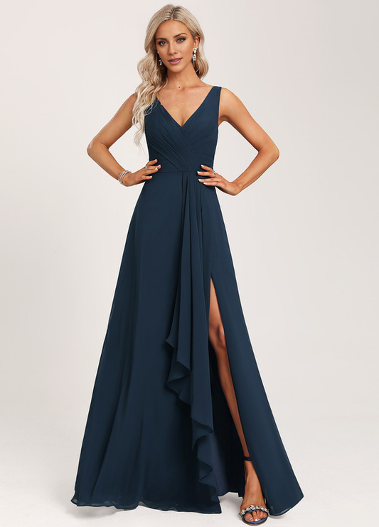 Ruffled A-line V-neck Floor-length Chiffon Bridesmaids Dress