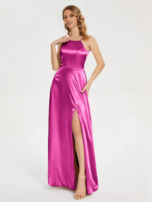 Thin shoulder strap slit backless soft satin and floor length bridesmaid dress