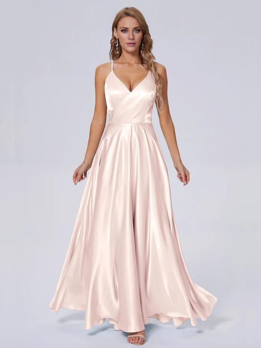 Elegant shoulder strap soft satin and floor length bridesmaid dress