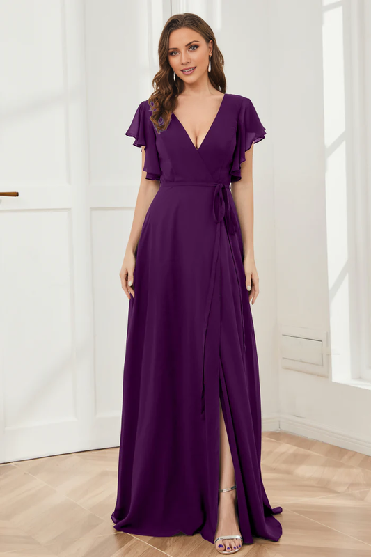 V-neck ruffled sleeve chiffon slit and floor length bridesmaid dress