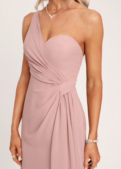 Ruffled A-line One Shoulder Floor Length Chiffon Bridesmaid Dress