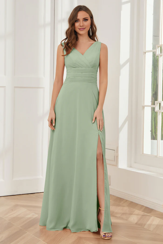 V-neck sleeveless chiffon side slit and floor length bridesmaid dress