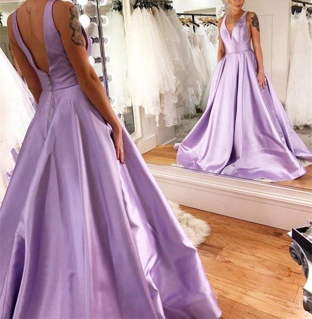 Light Blue Long Satin V-neck Dresses - RongMoon
