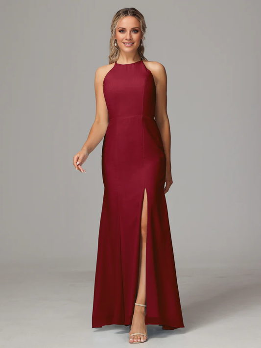 Hanging neck backless chiffon side slit bridesmaid dress