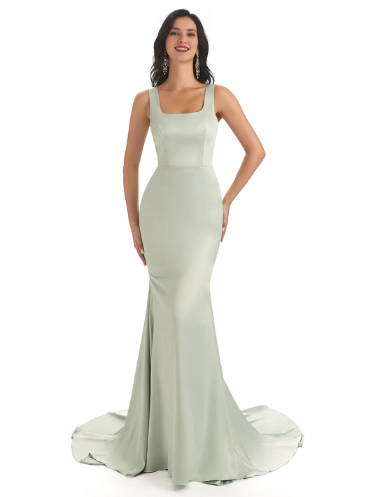 Soft satin unique square neck extra long fish tail bridesmaid dress