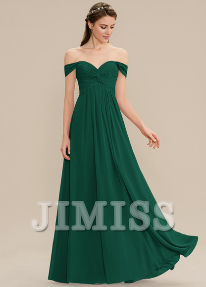 Ruffled A-line Off-the-shoulder Floor-length Chiffon Bridesmaids Dress
