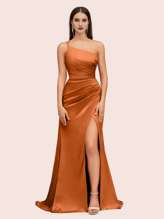 one shoulder bridesmaid dresses soft satin marmaid dress for wedding guest with side slit