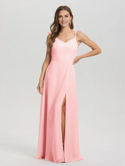 V-neck shoulder strap tied chiffon slit and floor length bridesmaid dress