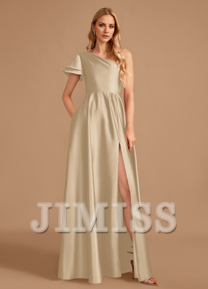 A-line one-shoulder floor-length satin bridesmaid dress