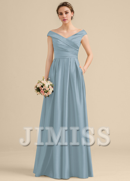 Ruffled A-Line Off-The-Shoulder Floor-Length Satin Bridesmaids Dress