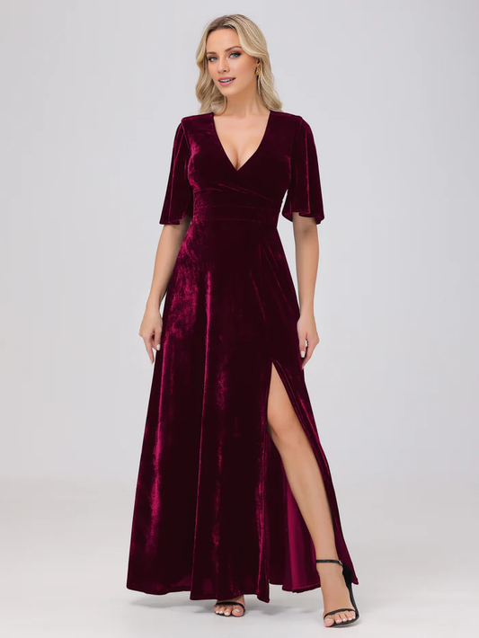 A-line V-neck short sleeved slit velvet and floor length bridesmaid dress