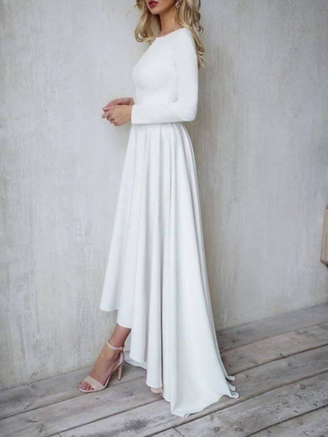 A-Line Minimalist Elegant Engagement Formal Evening Dress Jewel Neck Long Sleeve Floor Length Italy Satin with Pleats - RongMoon