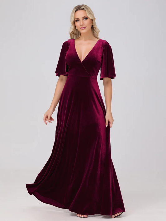 A-line V-neck short sleeved velvet and floor length bridesmaid dress