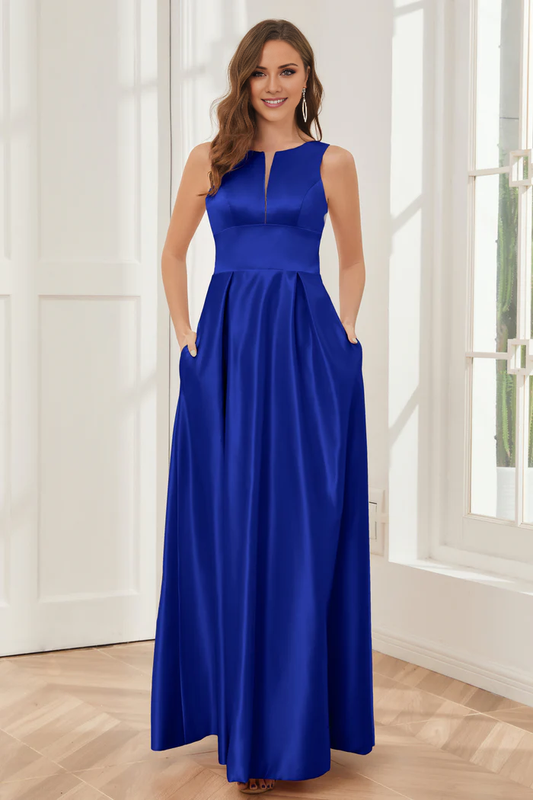 A-line sleeveless satin and floor length bridesmaid dress