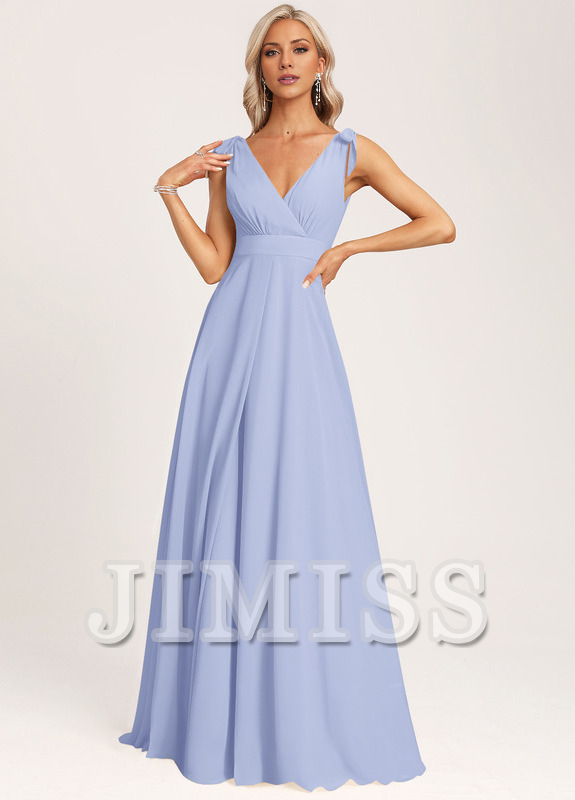 A-line V-neck floor-length chiffon bow bridesmaid dress