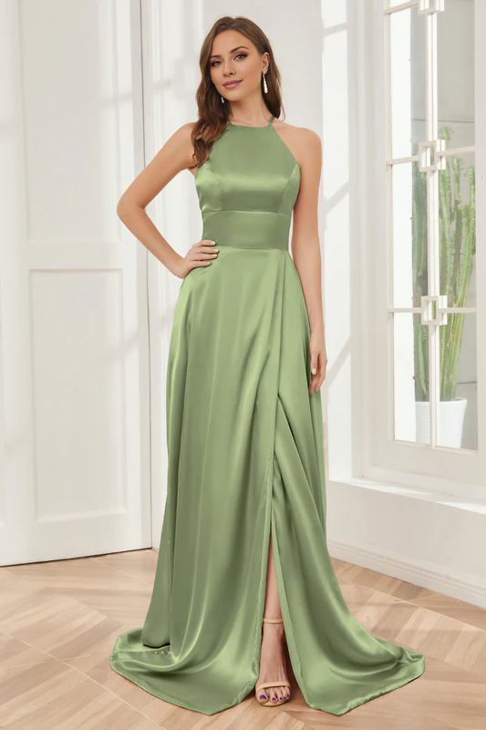 Column neck hanging soft satin and floor length bridesmaid dress