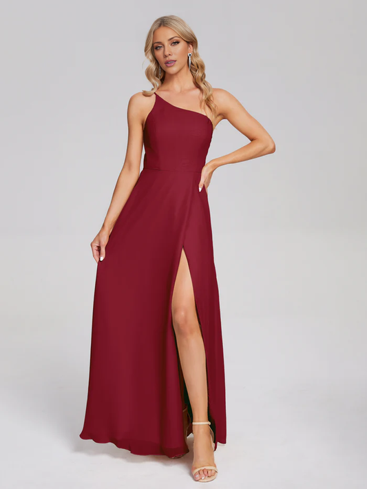 Shoulder side slit chiffon and floor length bridesmaid dress