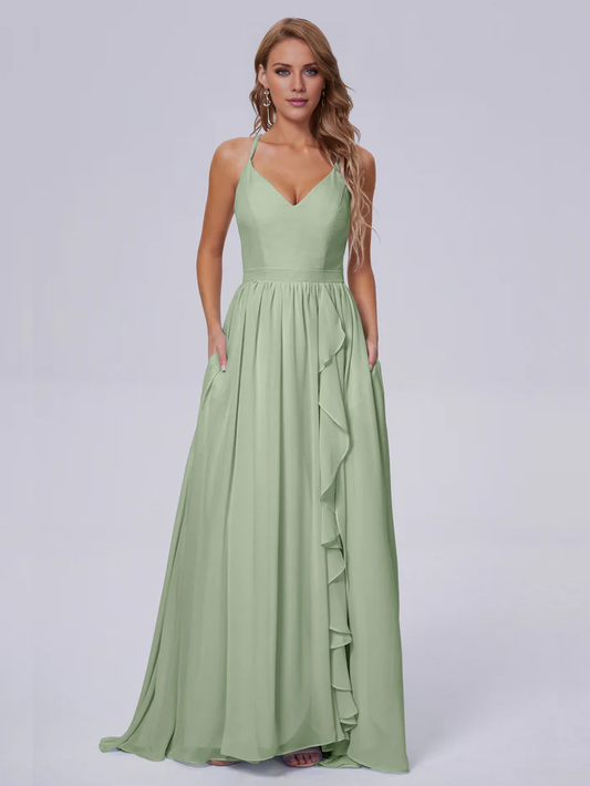 Elegant shoulder strap chiffon and floor length bridesmaid dress